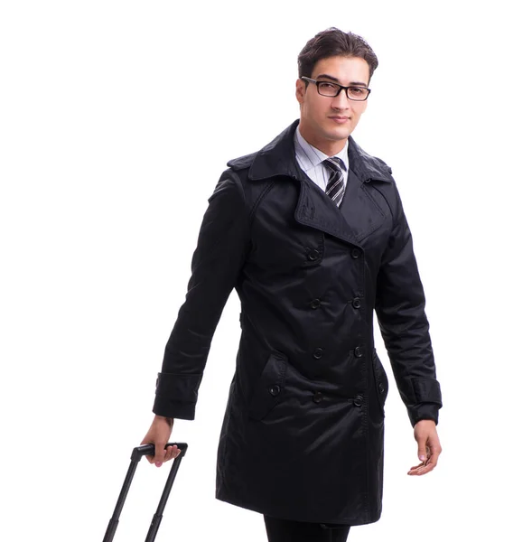 Young businessman with suitcase ready for business trip on white — Stock Photo, Image