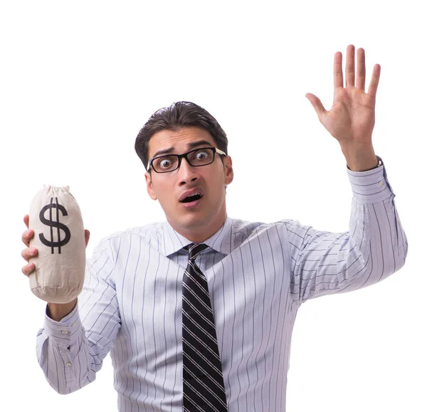 Junger Geschäftsmann mit Geldsack isoliert auf weißem Hintergrund — Stockfoto