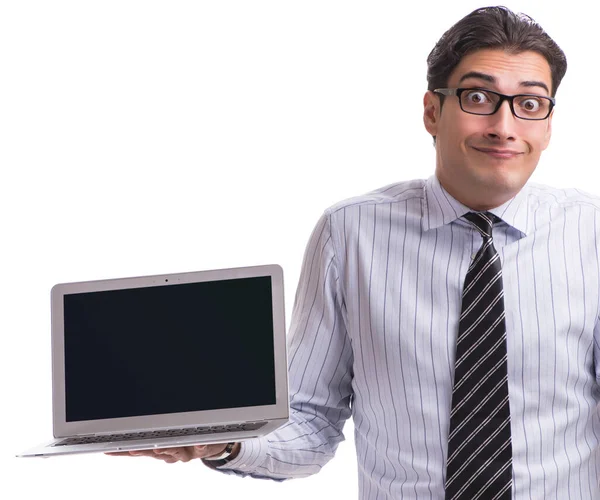 年轻商人，有白色背景的笔记本电脑 — 图库照片