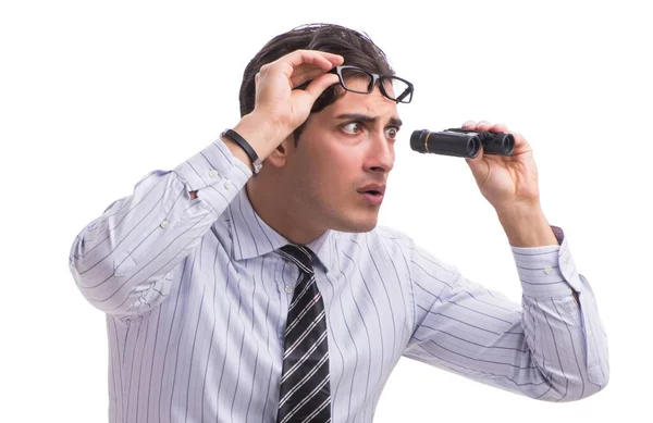 Joven hombre de negocios guapo mirando hacia el futuro con prismáticos — Foto de Stock