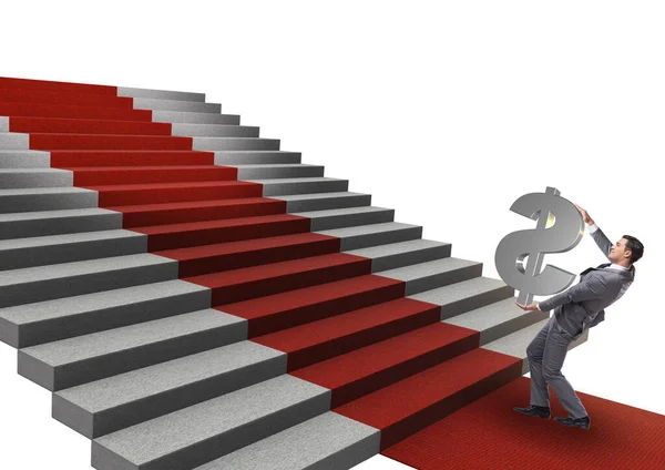 Jeune homme d'affaires grimpant les escaliers et tapis rouge sur fond blanc — Photo