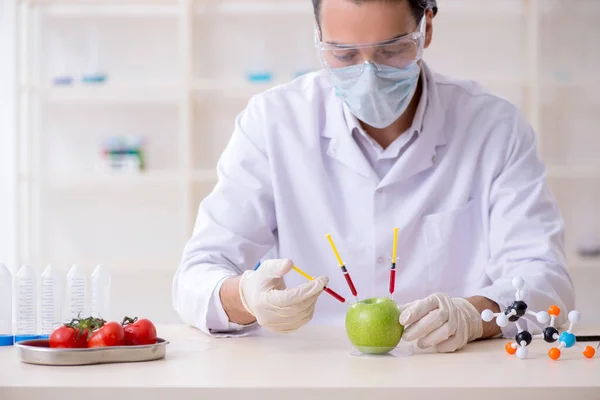 Erkek beslenme uzmanı gıda ürünlerini laboratuarda test ediyor. — Stok fotoğraf