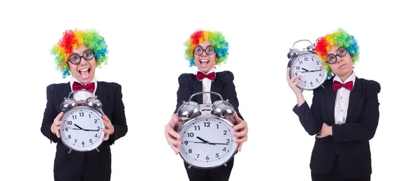 Funny clown with clock on white — Stock Photo, Image