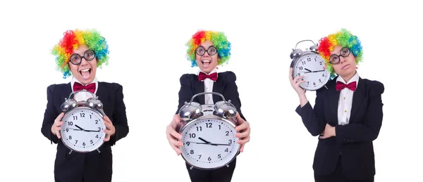 Payaso divertido con reloj en blanco — Foto de Stock