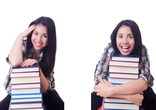 Studentin mit Büchern auf Weiß — Stockfoto