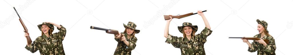 Girl in military uniform holding the gun isolated on white