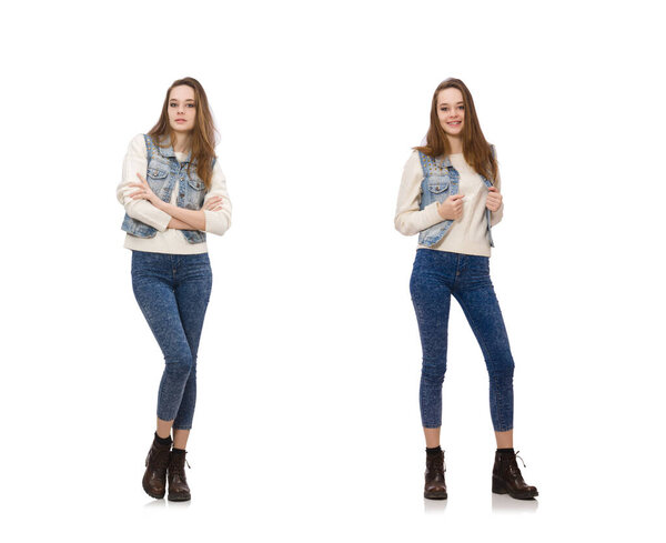 Красивая девушка в джинсах одежда изолирована на белом