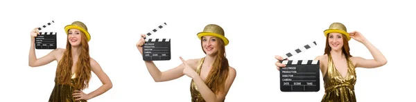 Mulher com filme clapboard isolado no branco — Fotografia de Stock