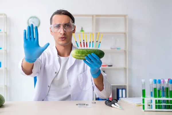 Experto en nutrición masculina prueba de verduras en laboratorio —  Fotos de Stock