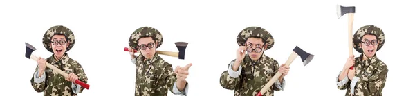 Funny soldier with the axe isolated on white — Stock Photo, Image