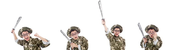 Funny soldado con cuchillo en blanco —  Fotos de Stock