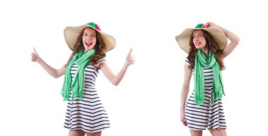 Panama ve yeşil eşarp üzerine beyaz izole mutlu kadın