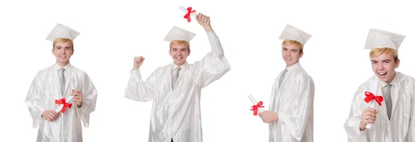 Joven estudiante masculino graduado de la escuela secundaria en blanco —  Fotos de Stock