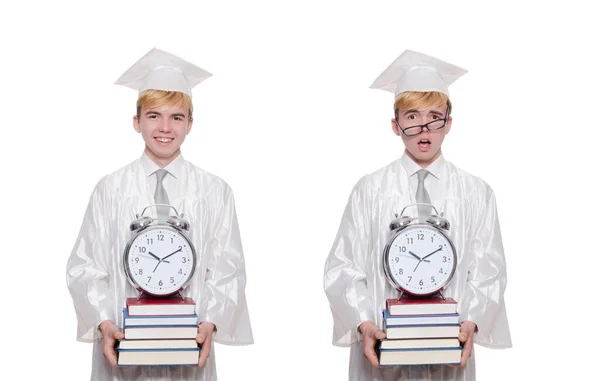Студент пропускает свои сроки с часами на белом — стоковое фото