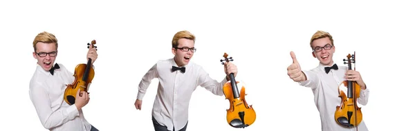 年轻有趣的小提琴手被白色隔离 — 图库照片