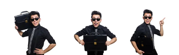 Joven empleado sonriente con maletín aislado en blanco — Foto de Stock