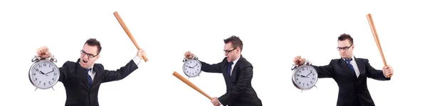 Hombre golpeando el reloj con bate de béisbol aislado en el blanco — Foto de Stock