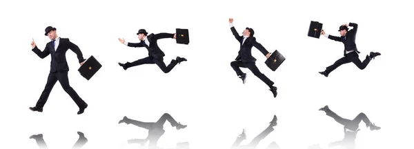 Смішний бізнесмен стрибає на білому — стокове фото
