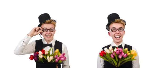 Lächelnder Herr mit Blumen auf weißem Grund — Stockfoto