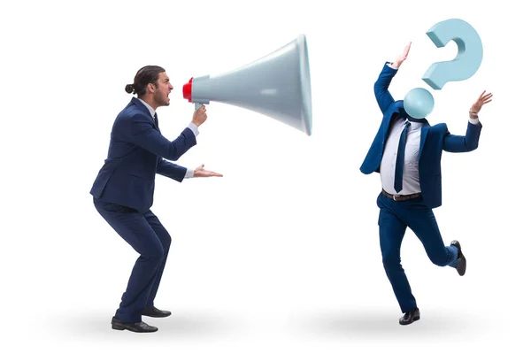 Businessman shouting through large loudspeaker — Stock Photo, Image