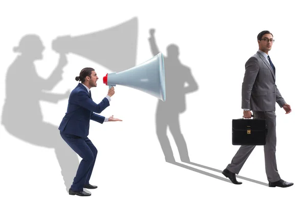 Empresário gritando através de alto-falante grande — Fotografia de Stock