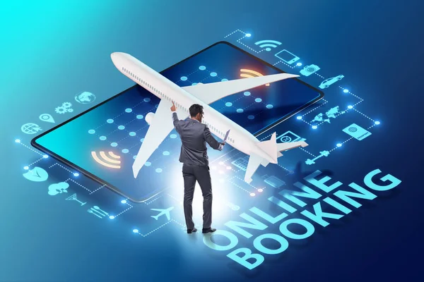 Az online repülőjegy-foglalás koncepciója üzletemberrel — Stock Fotó