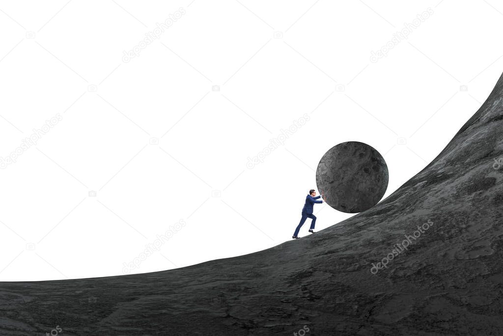 Man pushing large stone to the top