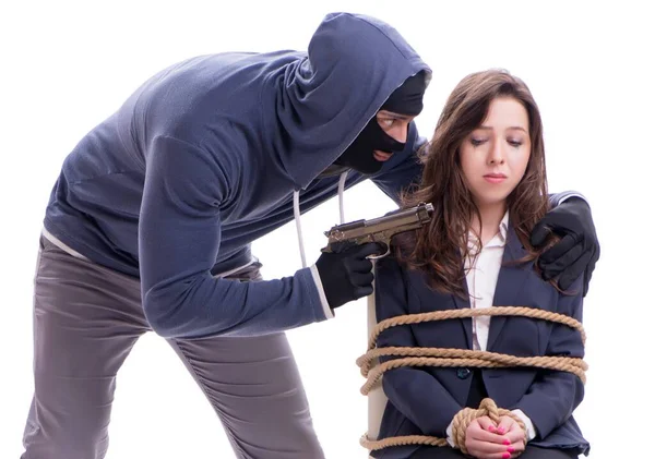 Kidnapper with tied woman isolated on white — Stock Photo, Image