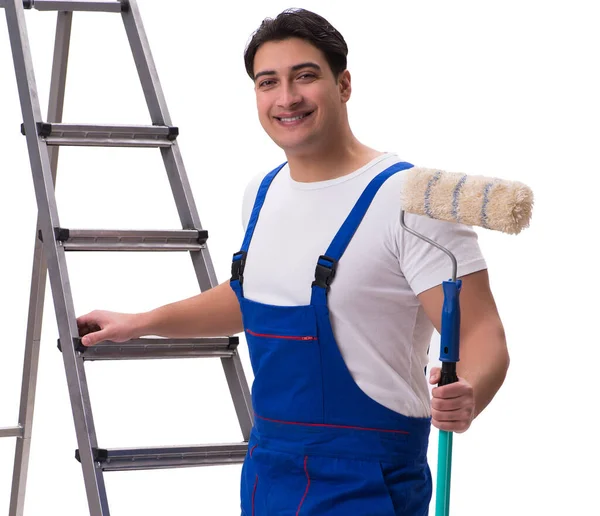 Jovem pintor contratado isolado no fundo branco — Fotografia de Stock