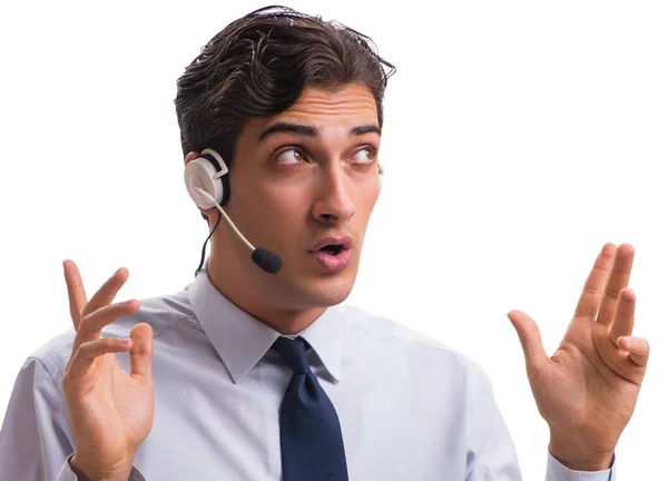 Homem com fone de ouvido isolado no fundo branco — Fotografia de Stock