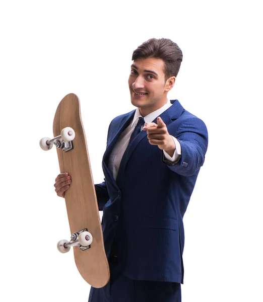 Geschäftsmann mit Skateboard isoliert auf weißem Hintergrund — Stockfoto