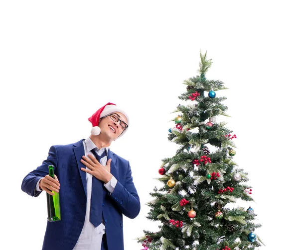 Empresário decorando árvore de Natal isolado em branco — Fotografia de Stock