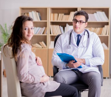 Hamile kadın muayene için doktoru ziyaret ediyor.