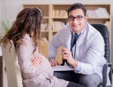 Hamile kadın muayene için doktoru ziyaret ediyor.