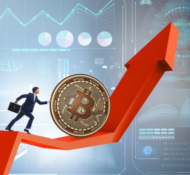 İşadamı, kripto para zinciri konseptinde bitcoin basıyor