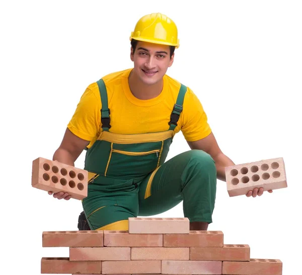 The handsome construction worker building brick wall — Stock Photo, Image