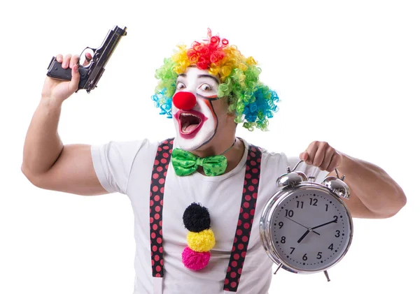 Vtipný klaun s budíkem izolované na bílém pozadí — Stock fotografie