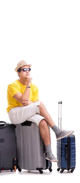 Boldog fiatalember megy nyári vakáció elszigetelt fehér — Stock Fotó