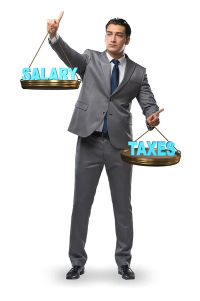 Businessman trying to find balance between taxes and salary — Stock Photo, Image