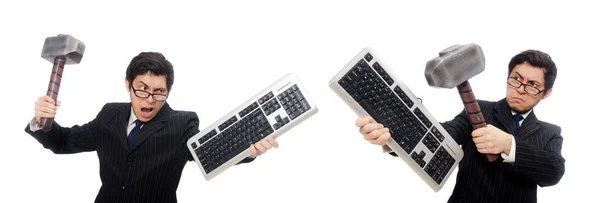 白に隔離されたキーボードを持つ若い従業員 — ストック写真
