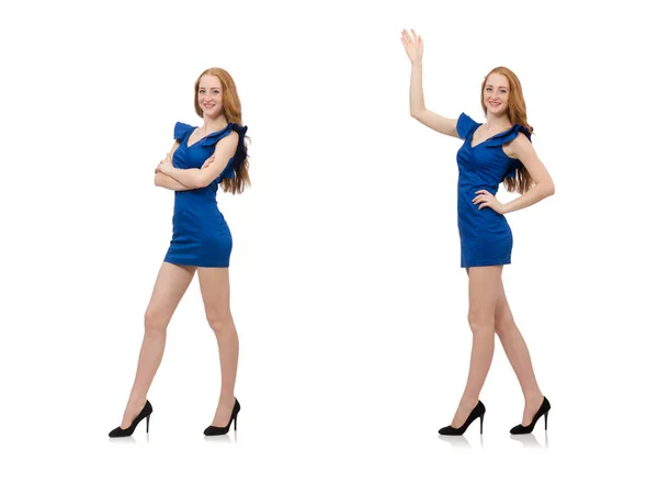 Mooie dame in donkerblauwe jurk geïsoleerd op wit — Stockfoto