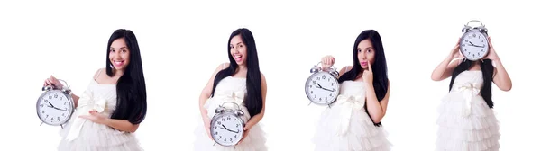 Joven novia con reloj aislado en blanco — Foto de Stock