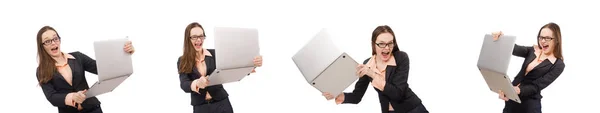 Робоча дама з ноутбуком ізольована на білому — стокове фото