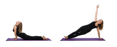 Beyazlar üzerinde egzersiz yapan kadın.