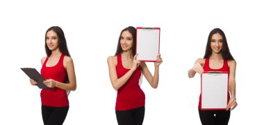 Kağıt bloknotu olan kadın beyazda yalnız.