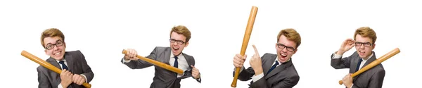 Young businessman with baseball bat isolated on white — Stock Photo, Image