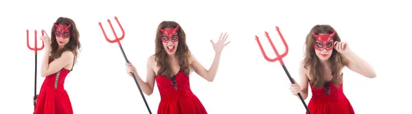 Vrouw als rode duivel in Halloween concept — Stockfoto
