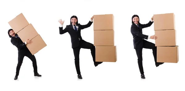 Hombre divertido con cajas en blanco — Foto de Stock