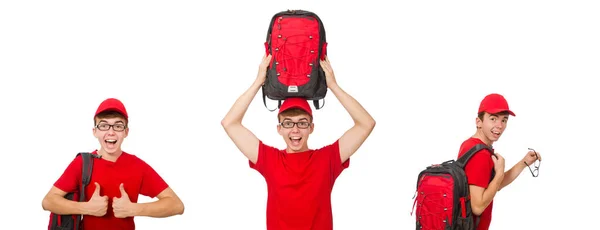 Young traveller with backpack isolated on white — Stock Photo, Image