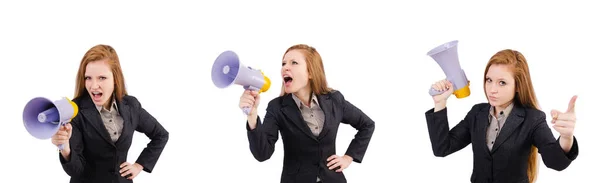 Woman with loudspeaker isolated on the white — Stock Photo, Image